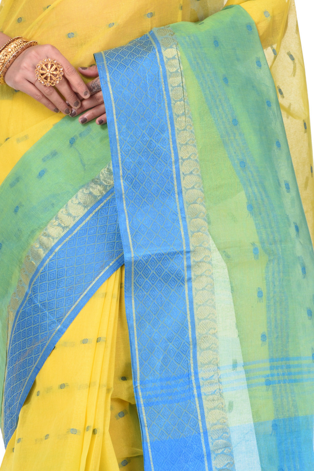 Yellow Pure Cotton Ganga Jamuna_Buti Tant Saree (648)